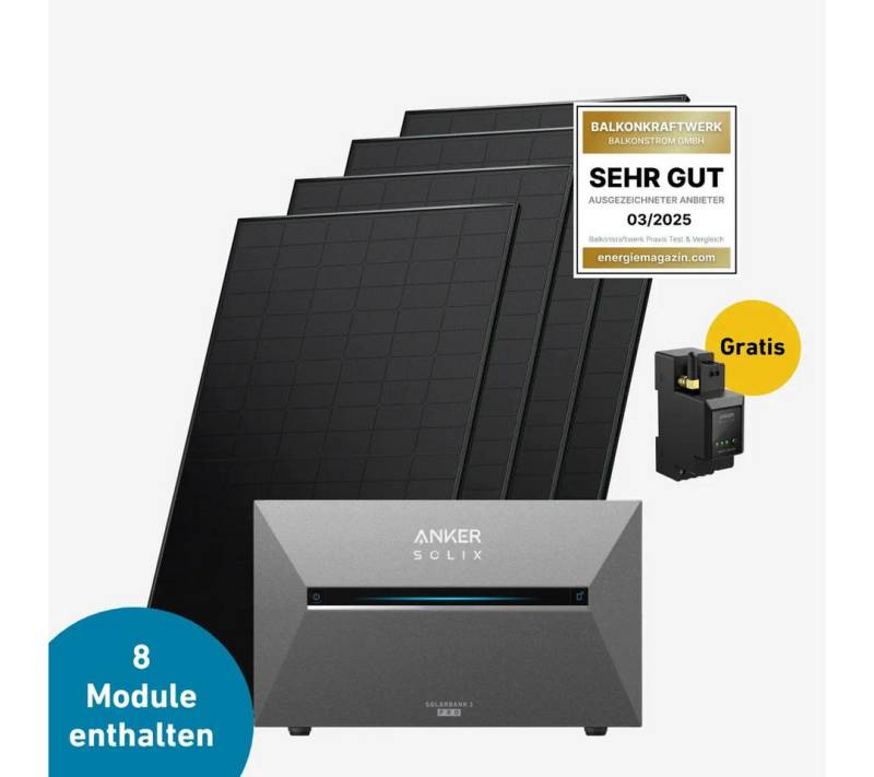 Balkonstrom Balkonkraftwerk Premium 3600 bifazial Pro (mit Anker SOLIX Solarbank 3 E2700 Pro), 3600 W, Monokristallin, (Anker SOLIX Solarbank 3 E2700 PRO Stromspeicher), Made in Germany Kabel von Balkonstrom
