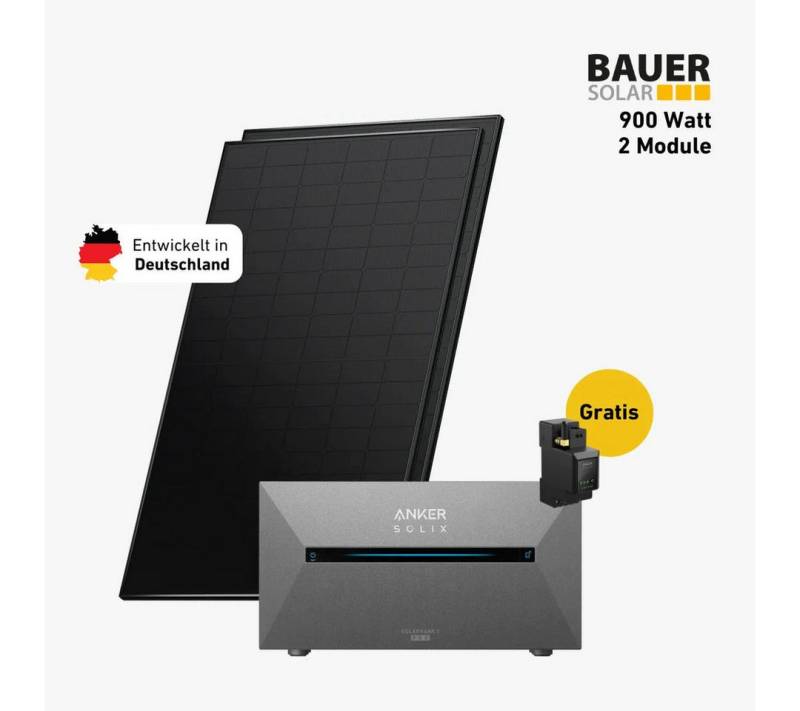 Balkonstrom Balkonkraftwerk 900W mit Speicher, Anker 2 Pro, Komplettset, Bifazial, Premium, 900 W, Monokristallin, (Anker SOLIX Solarbank 2 E1600 PRO Stromspeicher), Made in Germany Kabel von Balkonstrom