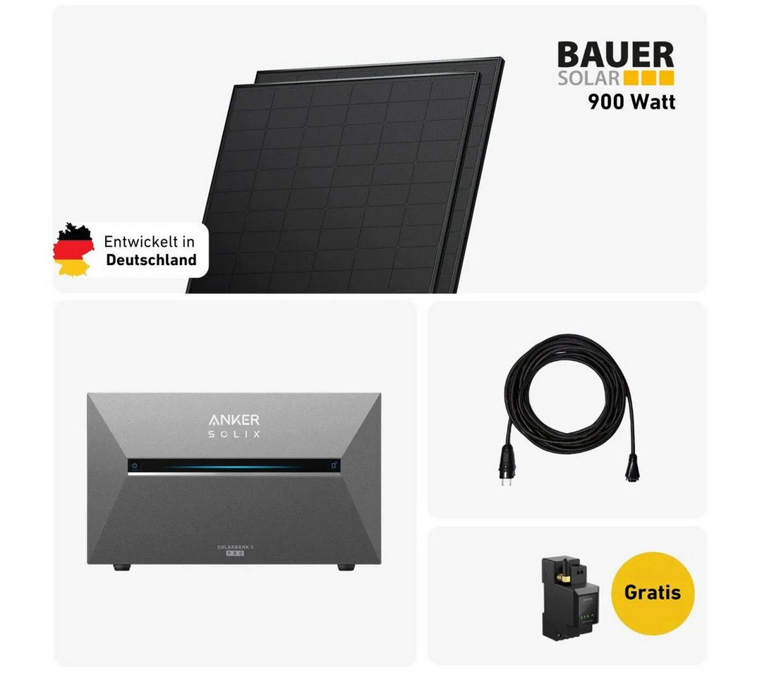 Balkonstrom Balkonkraftwerk 900W mit Speicher, Anker 3 Pro, Komplettset, Bifazial, Premium, 900 W, Monokristallin, (Anker SOLIX Solarbank 3 E2700 PRO Stromspeicher), Made in Germany Kabel von Balkonstrom