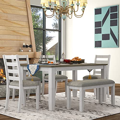 6-teiliges Esstisch-Set mit 4 gepolsterten Stühlen und 1 Bank, Holzmöbel für Wohnzimmer mit 152,4 cm rechteckigem Küchencomputer, für Restaurant, Bistro von Ball & Cast