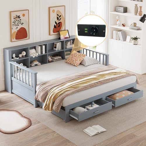 Ball & Cast Ausziehbares Massivholz-Schlafsofa 90/180x190 cm, Stauschrank mit Ladesteckdose in der Seitenlehne, Mit 2 Schubladen und Lattenrost, Multifunktionales Kiefernbett, Grau von Ball & Cast
