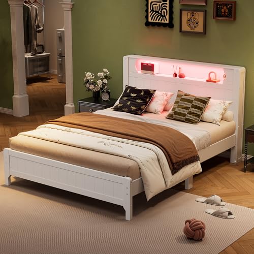 Ball & Cast Einzelbett (140x200cm) Tagesbett mit Lichtleisten, Futonbett mit Kiefernrahmen für Erwachsenen und Jugendzimmer, Kopfteil mit Stauraum, Weiß von Ball & Cast