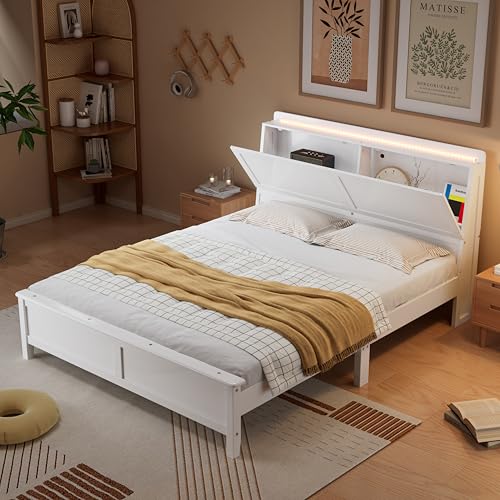 Ball & Cast Einzelbett (140x200cm) Tagesbett mit Lichtleisten, Futonbett mit Kiefernrahmen für Erwachsenen und Jugendzimmer, Staufach mit Klapptür, Weiß von Ball & Cast