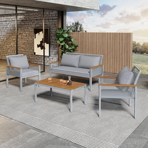 Ball & Cast Gartenmöbelset aus Rattan, Balkonmöbel mit Doppelsofa und Couchtisch, 2 Sessel und Kissen für Outdoor Loungemöbel, Terrassenmöbel, Gartenlounge, Grau von Ball & Cast