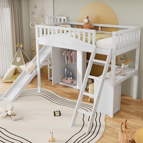 Ball & Cast Hochbett (90x200cm) Kinderbett mit Treppe und Rutsche, Etagenbett mit Kleiderschrank und Schreibtisch, ohne Matratze, Weiß von Ball & Cast