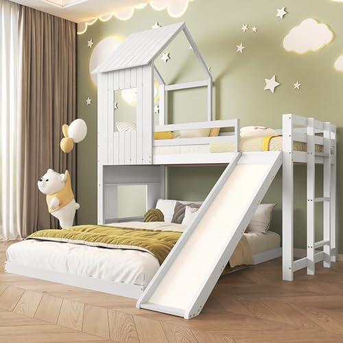 Ball & Cast Hochbett (90x200cm&140x200cm) Kinderbett mit Treppe und Rutsche, Doppelbett mit Fenster und Dach für 3 Kinder, ohne Matratze, Weiß von Ball & Cast