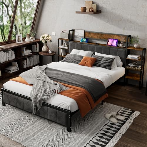 Ball & Cast Polsterbett (140x200cm) Doppelbett mit Dunklem Samtschwamm, Daybed mit 3 USB-Anschlüssen, Metallrahmen, Schwarz + Nussbaum von Ball & Cast