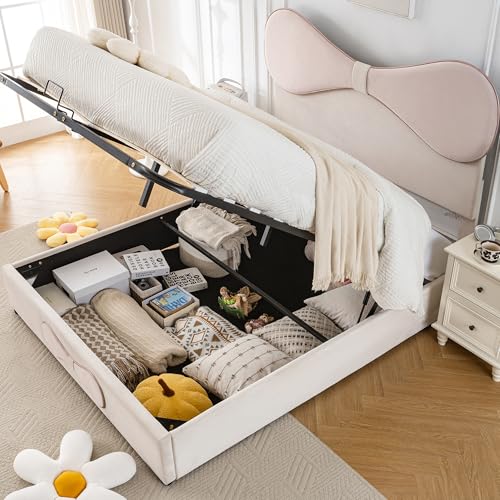 Ball & Cast Polsterbett (140x200cm) Tagesbett mit Stauraum, Weichen Schutzkanten und Kopfteil mit Fliege Samtiges Doppelbett, Beige+Rosa von Ball & Cast