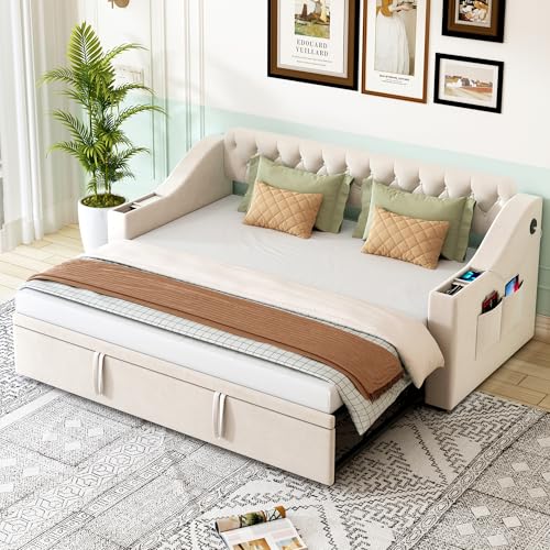 Ball & Cast Polsterbett Schlafsofa, 90/180 * 190 cm, Breitere und Dickere Armlehnen mit USB-Ladeanschluss, Integrierte Ablage in den Armlehnen, Mit Ablagetaschen, Mit Lattenrost, Samtstoff, Beige Ball & Cast Polsterbett Schlafsofa, 90/180 * 190 cm, Breitere und Dickere Armlehnen mit USB-Ladeanschluss, Integrierte Ablage in den Armlehnen, Mit Ablagetaschen, Mit Lattenrost, Samtstoff, Beige von Ball & Cast