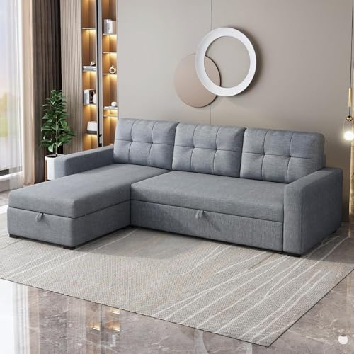 Ball & Cast Umwandelbares Schlafsofa mit wendbarem Stauraum, Leinen-Schlafsofa, Couch, L-förmig, ausziehbar, kleines Ecksofa für Wohnzimmer, Hellgrau von Ball & Cast