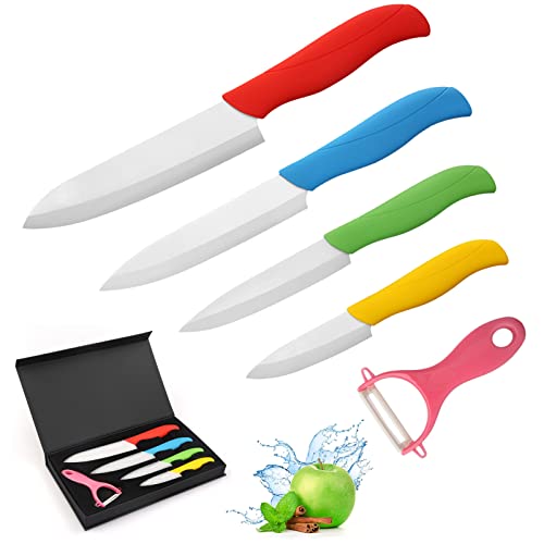 Ballery Keramikmesser Set, Kochmesser Sets mit 4 Keramikmesser und 1 Sparschäler mit Ergonomischem Griff Leicht und Scharf zum Schneiden Fleisch, Brot, Obst & Gemüse - Mehrfarbig von Ballery