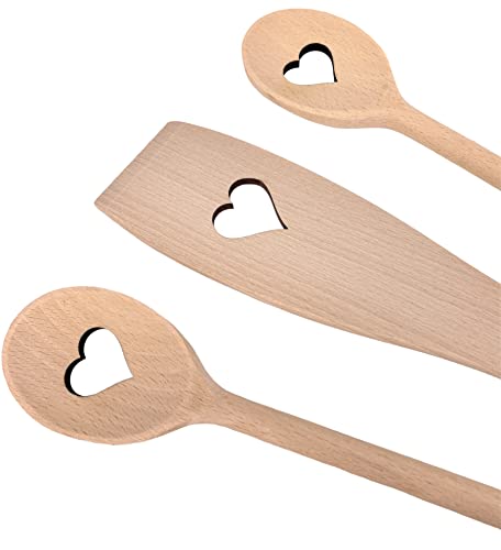 Balna 3er Kochlöffel Herz Herzform Set Holzkochlöffel, Holz Geschenk ideal für Hochzeit Verliebte Geburtstag, Küchenset 2 Holzlöffel + 1 Pfannenwender Wender 30 cm von Balna