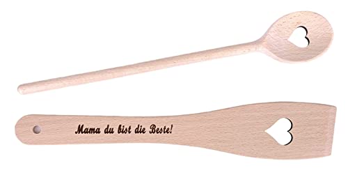 Balna Mama Geschenk Kochlöffel Herz Set – Holzkochlöffel Herzform und Pfannenwender mit Gravur: Mama du bist die Beste! von Balna