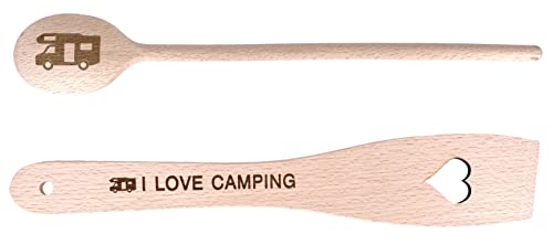Balna Kochlöffel Holz Wohnmobil Holzkochlöffel mit Camper Motiv + Pfannenwender Herz Gravur (I Love Camping) Geschenk Gadgets von Balna
