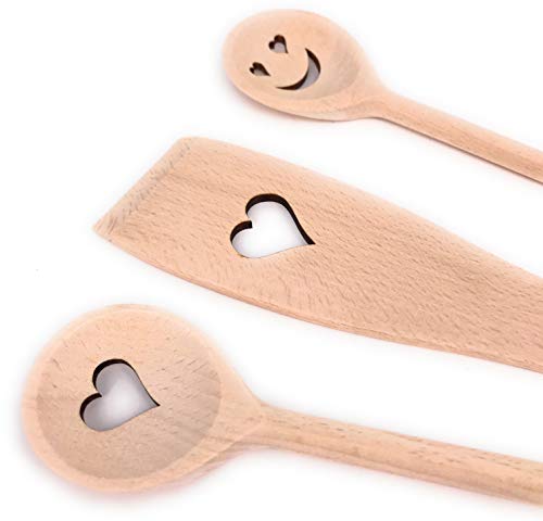 Balna Kochlöffel Set Holzkochlöffel Kochlöffel Holz Herz, Geschenk ideal für Hochzeit Valentinstag Geburtstag Verliebte Küchenset: 2 Holzlöffel + 1 Pfannenwender Buchenholz 30 cm von Balna