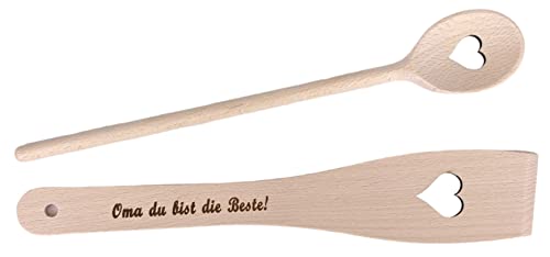 Balna Oma Geschenk Kochlöffel Herz Set – Holzkochlöffel Herzform und Pfannenwender mit Gravur: Oma du bist die Beste! von Balna