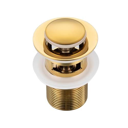 Balneo Messing Waschbecken Stöpsel Universal - Pop Up Ventil Waschbecken 62 mm x G1 1/4 - Waschbeckenstöpsel Pop Up Gold - Spülbecken Stopfen mit Überlauf - 4 Dichtungen, klick B von Balneo