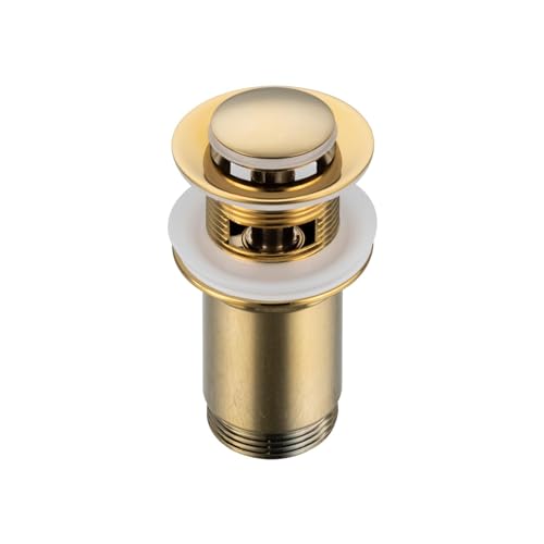 Balneo Messing Waschbecken Stöpsel Universal - Pop Up Ventil Waschbecken 62 mm x G1 1/4 - Waschbeckenstöpsel Pop Up Gold - Spülbecken Stopfen mit Überlauf - 4 Dichtungen, klick E von Balneo