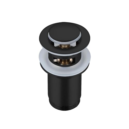 Balneo Messing Waschbecken Stöpsel Universal - Pop Up Ventil Waschbecken 62 mm x G1 1/4 - Waschbeckenstöpsel Pop Up Schwarz - Spülbecken Stopfen mit Überlauf - 4 Dichtungen, klick E von Balneo