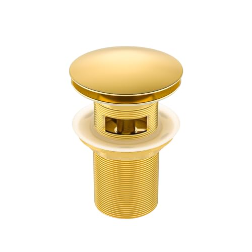 Balneo Messing Waschbecken Stöpsel Universal - Pop Up Ventil Waschbecken 66 mm x G1 1/4 - Waschbeckenstöpsel Pop Up Gold - Spülbecken Stopfen mit Überlauf - 4 Dichtungen, klick A von Balneo