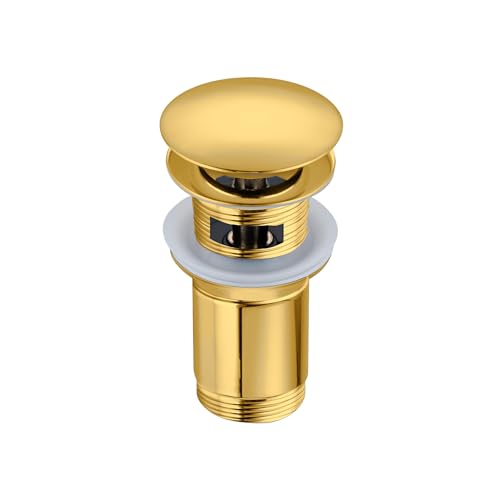 Balneo Messing Waschbecken Stöpsel Universal - Pop Up Ventil Waschbecken 66 mm x G1 1/4 - Waschbeckenstöpsel Pop Up Gold - Spülbecken Stopfen mit Überlauf - 4 Dichtungen, klick C von Balneo