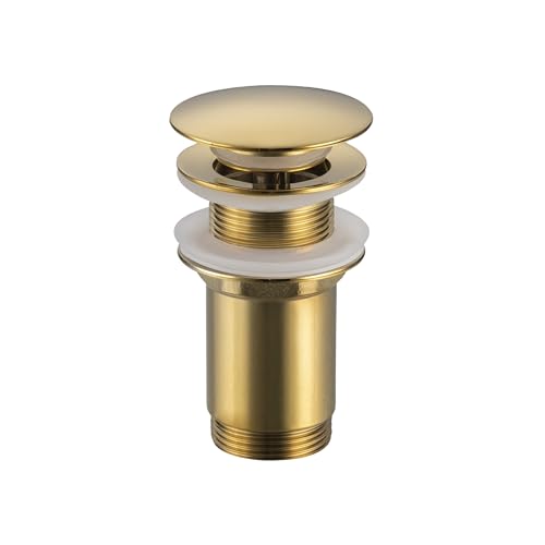 Balneo Messing Waschbecken Stöpsel Universal - Pop Up Ventil Waschbecken 66 mm x G1 1/4 - Waschbeckenstöpsel Pop Up - Spülbecken Stopfen ohne Überlauf - 4 Dichtungen, klick C - Gold von Balneo