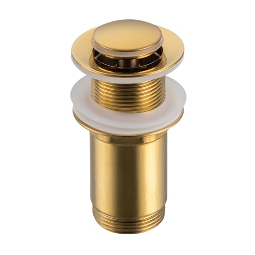Balneo Messing Waschbecken Stöpsel Universal - Pop Up Ventil Waschbecken 66 mm x G1 1/4 - Waschbeckenstöpsel Pop Up - Spülbecken Stopfen ohne Überlauf - 4 Dichtungen, klick E - Gold von Balneo