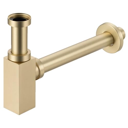 Balneo Waschbecken Siphon Universal - Abflussgarnitur Waschbecken Messing G1 1/4 x 32 mm - Sifon Waschbecken Bad Röhrensiphon - Syphon Badezimmer Waschbecken Rohr, Quadratisch Gebürstetes Gold von Balneo