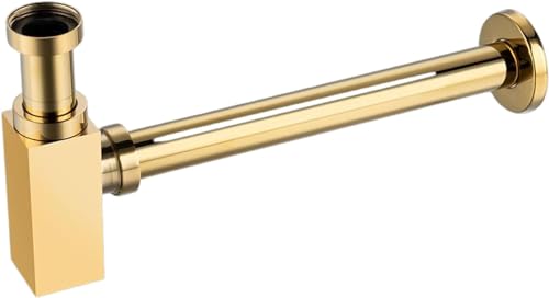 Balneo Waschbecken Siphon Universal - Abflussgarnitur Waschbecken Messing G1 1/4 x 32 mm - Sifon Waschbecken Bad Röhrensiphon - Syphon Badezimmer Waschbecken Rohr, Quadratisch Gold von Balneo