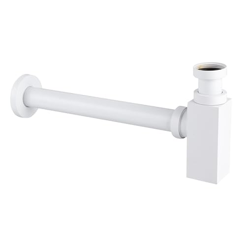 Balneo Waschbecken Siphon Universal - Abflussgarnitur Waschbecken Messing G1 1/4 x 32 mm - Sifon Waschbecken Bad Röhrensiphon - Syphon Badezimmer Waschbecken Rohr, Quadratisch Weiß von Balneo