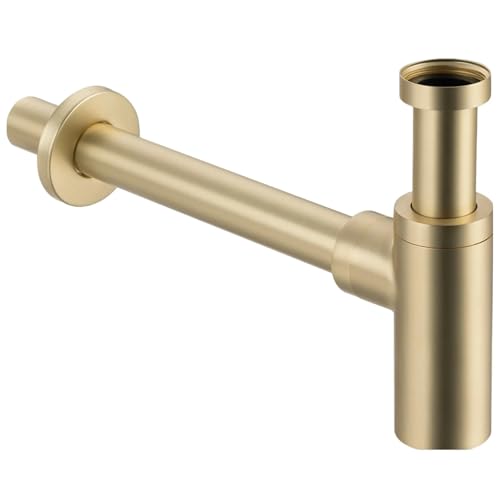 Balneo Waschbecken Siphon Universal - Abflussgarnitur Waschbecken Messing G1 1/4 x 32 mm - Sifon Waschbecken Bad Röhrensiphon - Syphon Badezimmer Waschbecken Rohr, Rund Gebürstetes Gold von Balneo