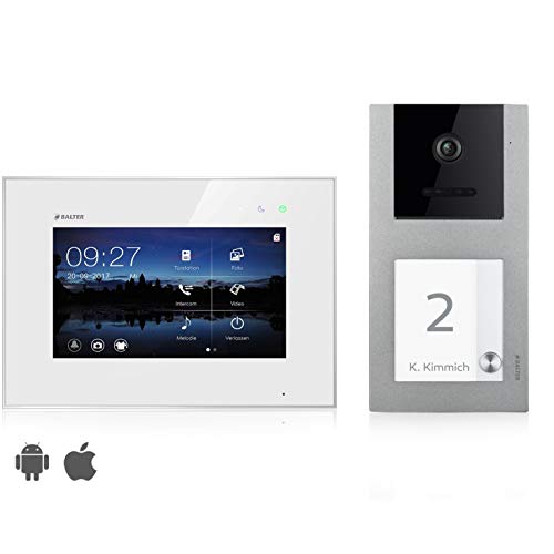 Balter EVO Video Türsprechanlage, Touchscreen, 7 Zoll Monitor, Smartphone App, 2-Draht Bus, Aufputz Türstation für 1 Familienhaus, 1 Türklingel, RFID Funktion (1 Monitor, Mit App) von Balter