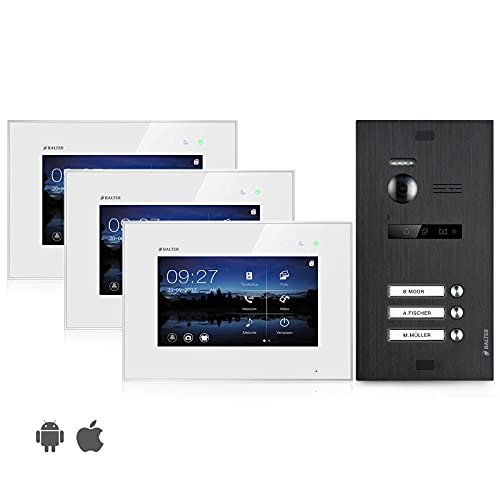 Balter EVO Video-Türsprechanlage, Touchscreen 7 Zoll Monitor, Türstation Schwarz, Klingel, 2-Draht Bus, 150° Weitwinkel-Kamera (3 Familienhaus (3 Klingel), Mit App) von Balter
