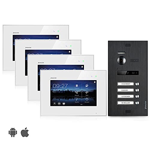 Balter EVO Video-Türsprechanlage, Touchscreen 7 Zoll Monitor, Türstation Schwarz, Klingel, 2-Draht Bus, 150° Weitwinkel-Kamera (4 Familienhaus (4 Klingel), Mit App) von Balter
