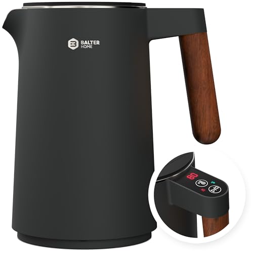 BALTER Edelstahl Wasserkocher mit Temperatureinstellung, 45°C-100°C, Doppelwand, BPA frei, leise & kabellos, Warmhaltefunktion, Teekocher mit Temperaturanzeige, 1.5L, 2200W, Schwarz (Titanium Gray) von Balter