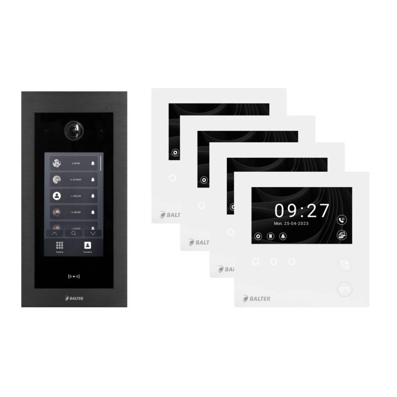 Balter EVO-HD Komplettsystem mit Unterputz-Türstation mit Full-Touch-Display und 4x 4,3 Zoll WiFi Mini-HD Monitor Schwarz von Balter