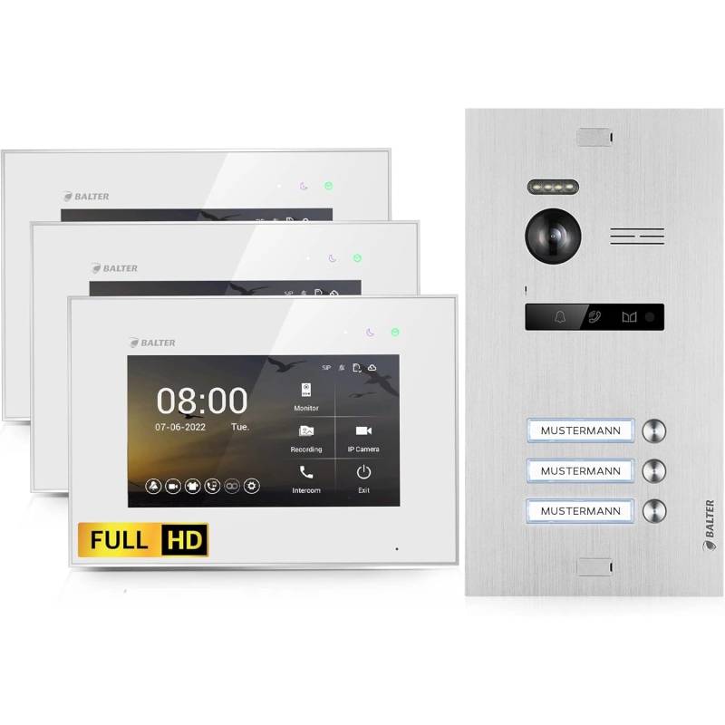 Balter EVO-HD Video-Türsprechanlage für Dreifamilienhaus mit 3x 7 Zoll Monitor Silber-Weiß von Balter