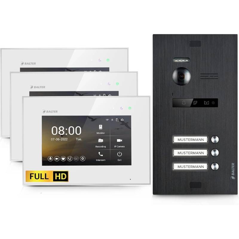 Balter EVO-HD Video-Türsprechanlage für Dreifamilienhaus mit 3x 7 Zoll Monitor Weiß-Schwarz von Balter