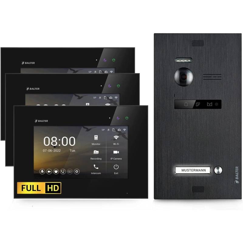 Balter EVO-HD Video-Türsprechanlage für Einfamilienhaus mit 3x 7 Zoll Monitor Schwarz von Balter