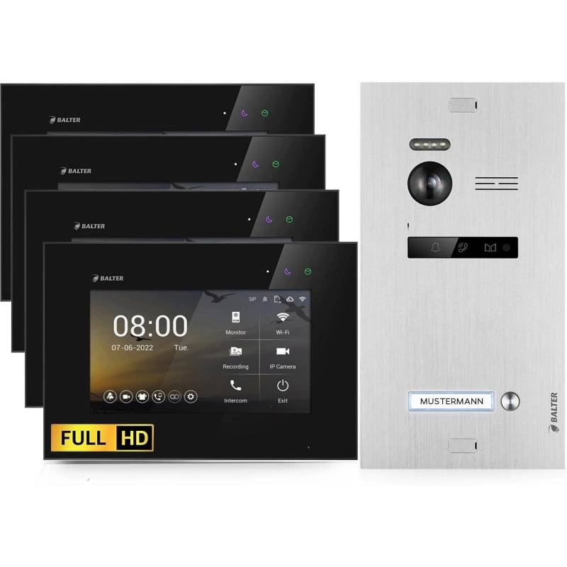 Balter EVO-HD Video-Türsprechanlage für Einfamilienhaus mit 4x 7 Zoll Monitor Silber-Schwarz von Balter