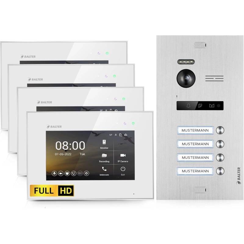 Balter EVO-HD Video-Türsprechanlage für Vierfamilienhaus mit 4x 7 Zoll Monitor Silber-Weiß von Balter
