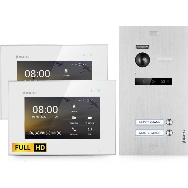 Balter EVO-HD Video-Türsprechanlage für Zweifamilienhaus mit 2x 7 Zoll Monitor Silber-Weiß von Balter