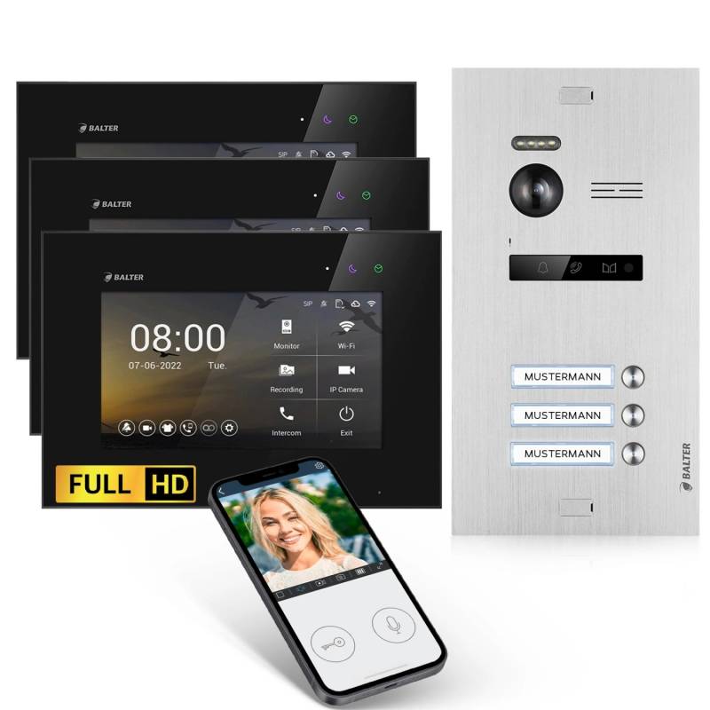 Balter EVO-HD Video-Türsprechanlage mit App für Dreifamilienhaus mit 3x 7 Zoll Monitor Silber-Schwarz von Balter
