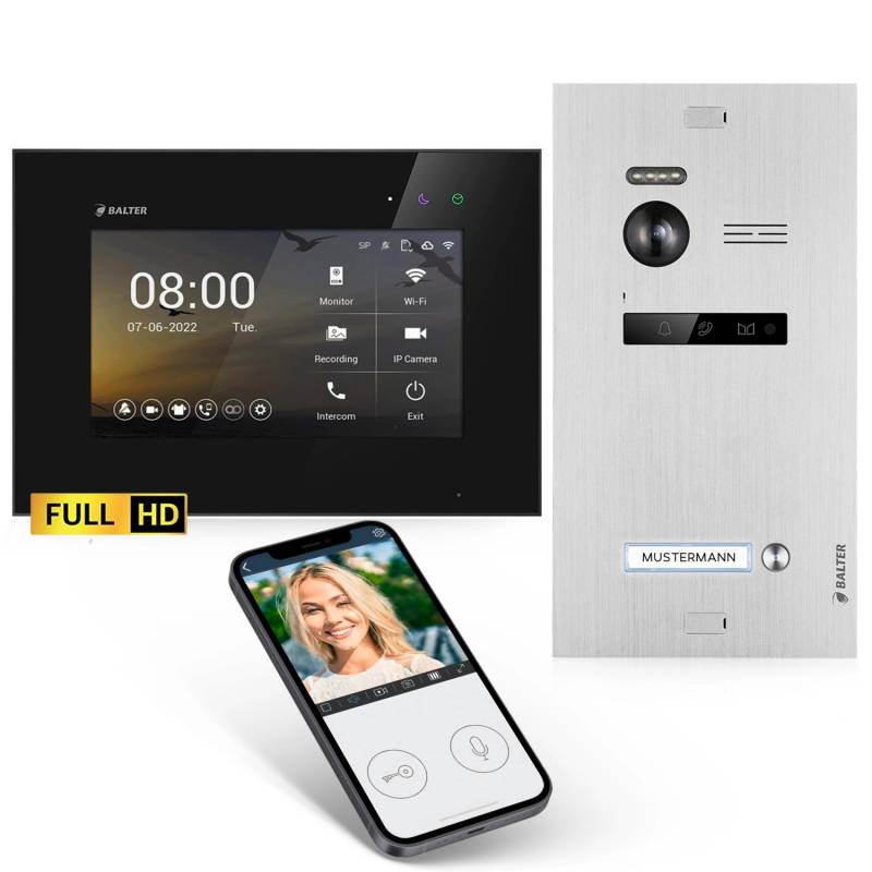 Balter EVO-HD Video-Türsprechanlage mit App für Einfamilienhaus mit 1x 7 Zoll Monitor Silber-Schwarz von Balter