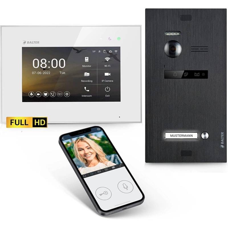 Balter EVO-HD Video-Türsprechanlage mit App für Einfamilienhaus mit 1x 7 Zoll Monitor Weiß-Schwarz von Balter
