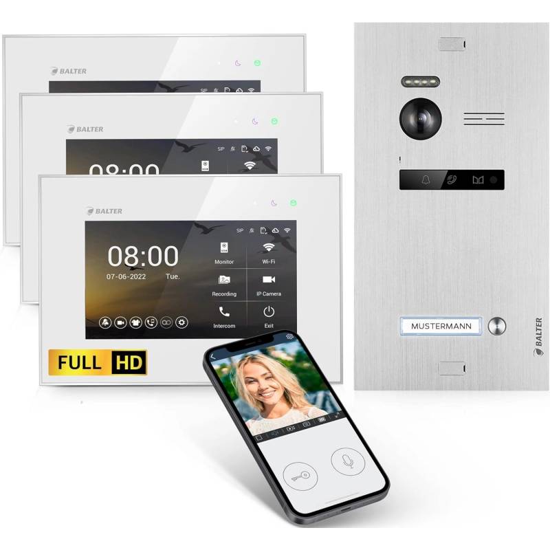Balter EVO-HD Video-Türsprechanlage mit App für Einfamilienhaus mit 3x 7 Zoll Monitor Silber-Weiß von Balter