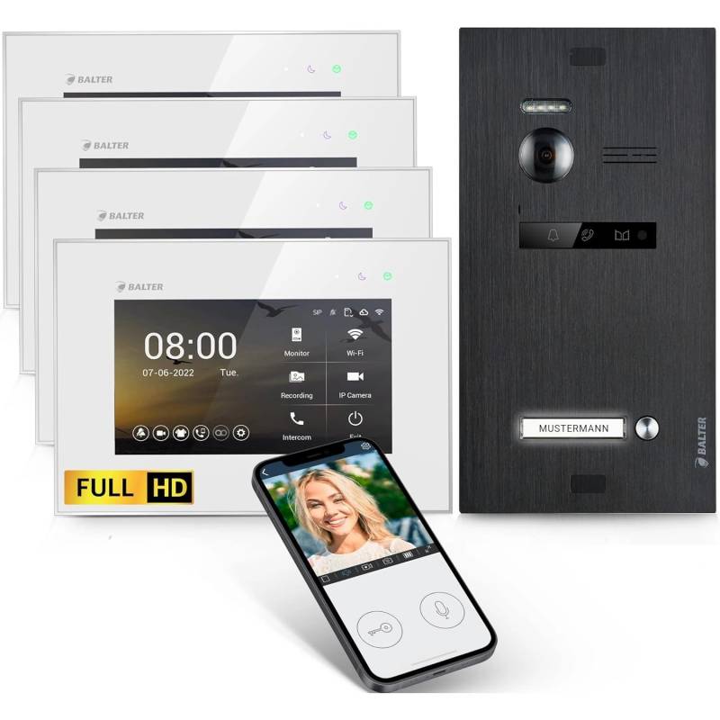 Balter EVO-HD Video-Türsprechanlage mit App für Einfamilienhaus mit 4x 7 Zoll Monitor Weiß-Schwarz von Balter
