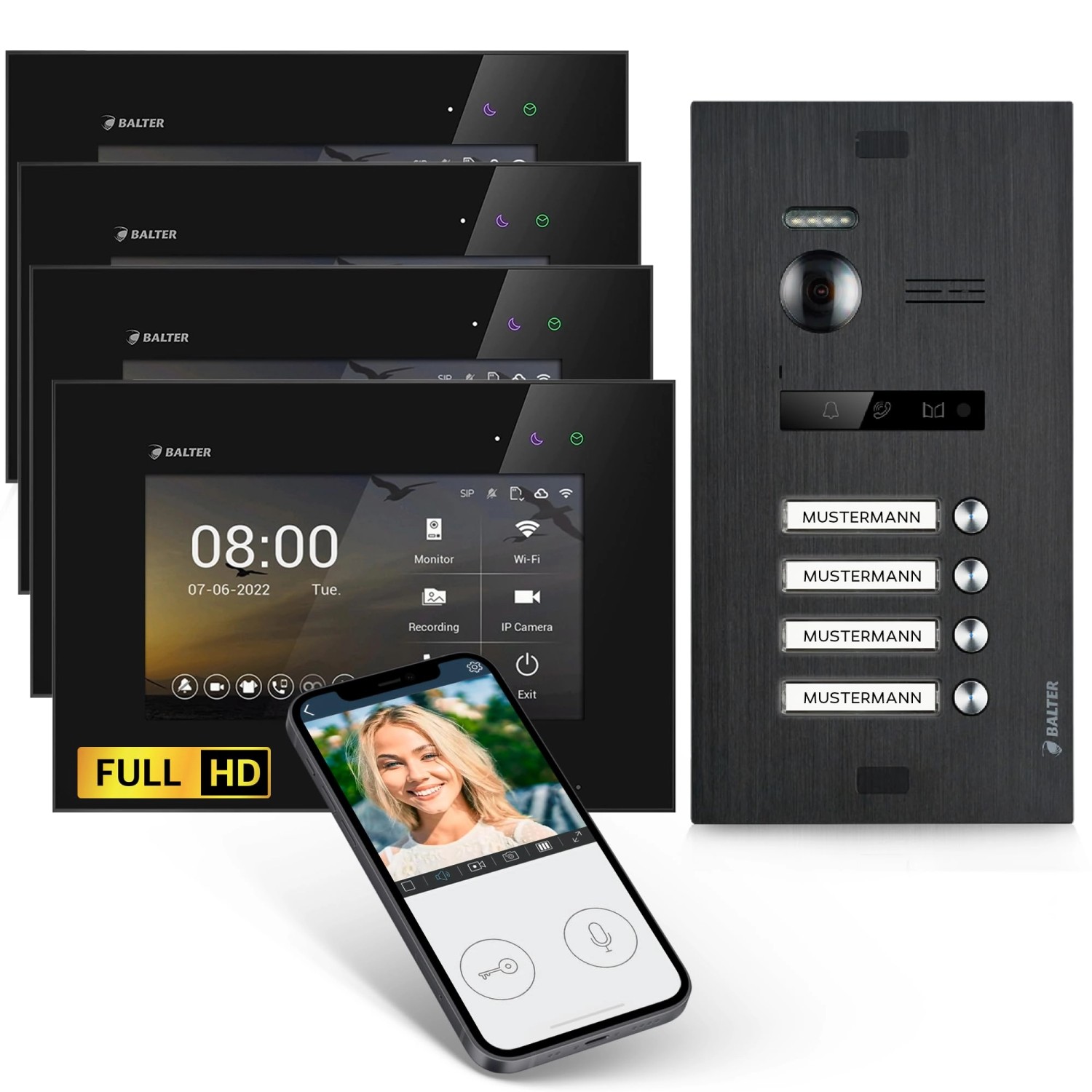Balter EVO-HD Video-Türsprechanlage mit App für Vierfamilienhaus mit 4x 7 Zoll Monitor Schwarz Balter EVO-HD Video-Türsprechanlage mit App für Vierfamilienhaus mit 4x 7 Zoll Monitor Schwarz von Balter