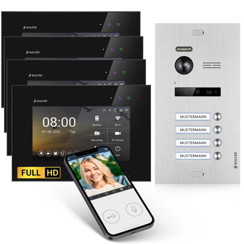 Balter EVO-HD Video-Türsprechanlage mit App für Vierfamilienhaus mit 4x 7 Zoll Monitor Silber-Schwarz von Balter