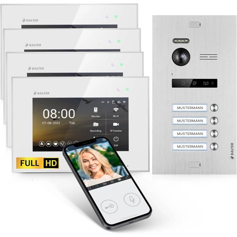 Balter EVO-HD Video-Türsprechanlage mit App für Vierfamilienhaus mit 4x 7 Zoll Monitor Silber-Weiß von Balter